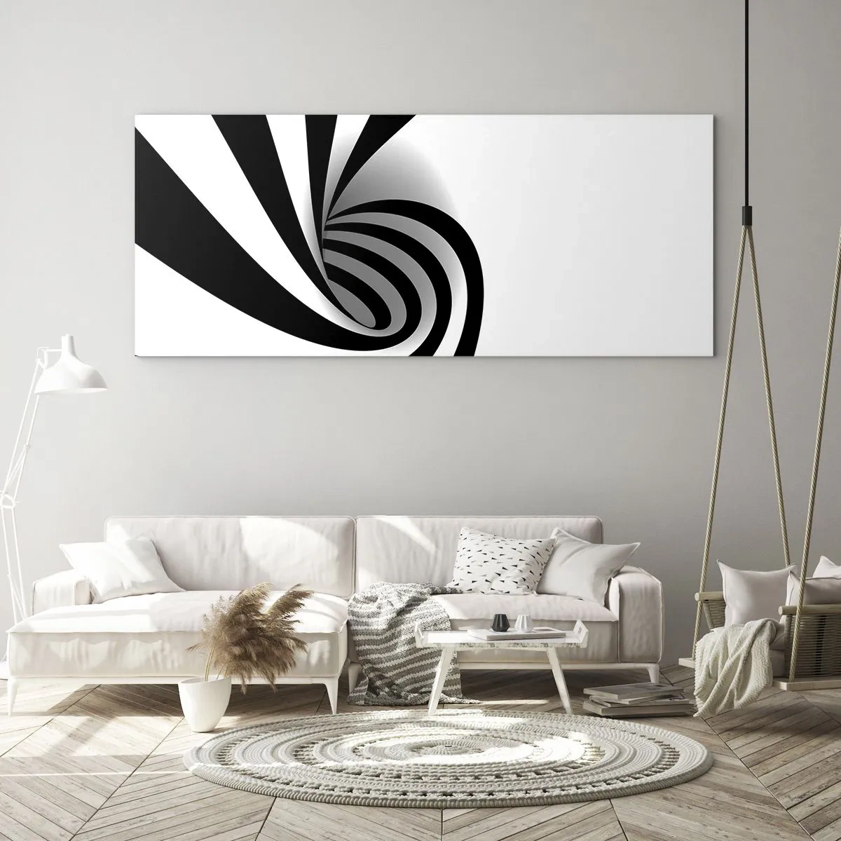 Impression sur verre - Image sur verre - Vortex optique abstrait en noir et blanc - 160x50cm - Et pourtant ça tourne - Décoration murale moderne pour le salon et la chambre ARTTOR