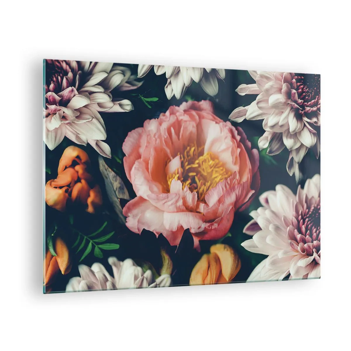 Impression sur verre - Image sur verre - Gros plan de pivoines et de chrysanthèmes aux tons pastel - 70x50cm - Splendeur baroque - Décoration murale moderne pour le salon et la chambre ARTTOR