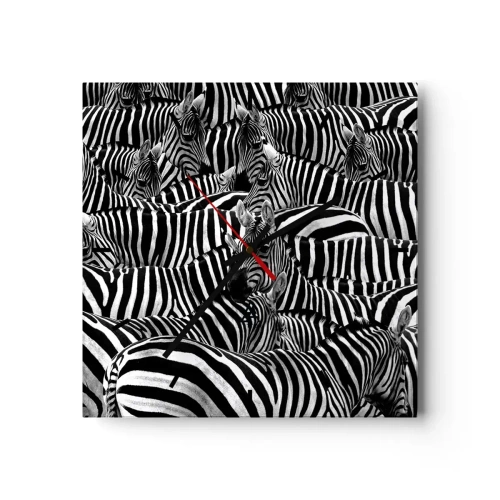 Horloge murale - Pendule murale - Un groupe de zèbres avec des rayures noires et blanches créant un motif de symétrie. - 30x30cm - Portrait collectif à rayures - Décoration murale moderne pour le salon et la chambre ARTTOR