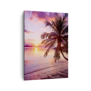 Impression sur toile - Image sur toile - Plage tropicale avec palmier au coucher du soleil - 50x70cm - Le bonheur à l'horizon - Décoration murale moderne pour le salon et la chambre ARTTOR