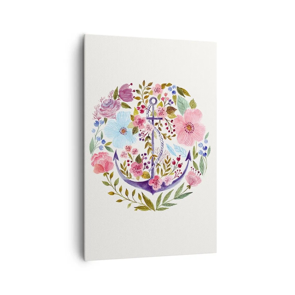 Impression sur toile - Image sur toile - Une ancre entourée de fleurs à l'aquarelle sur un fond clair - 80x120cm - Le beau rêve du marin - Décoration murale moderne pour le salon et la chambre ARTTOR