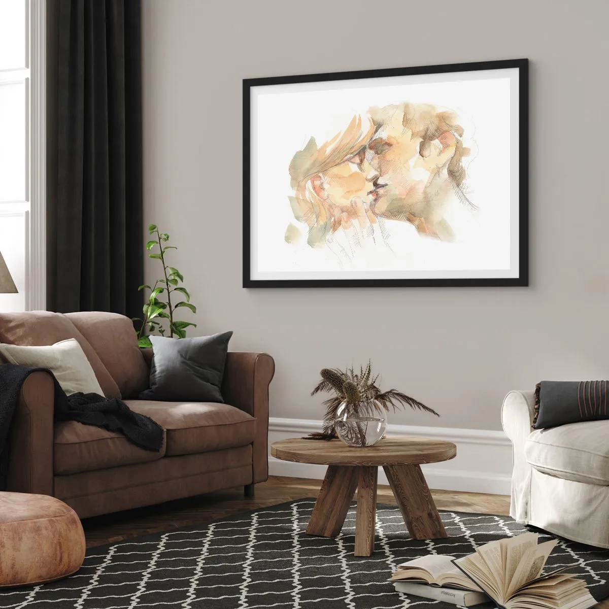 Affiche dans un cadre noir - Poster - Portrait romantique à l'aquarelle d'un couple s'embrassant - 70x50cm - A moitié trouvé ? - Décoration murale moderne pour le salon et la chambre ARTTOR