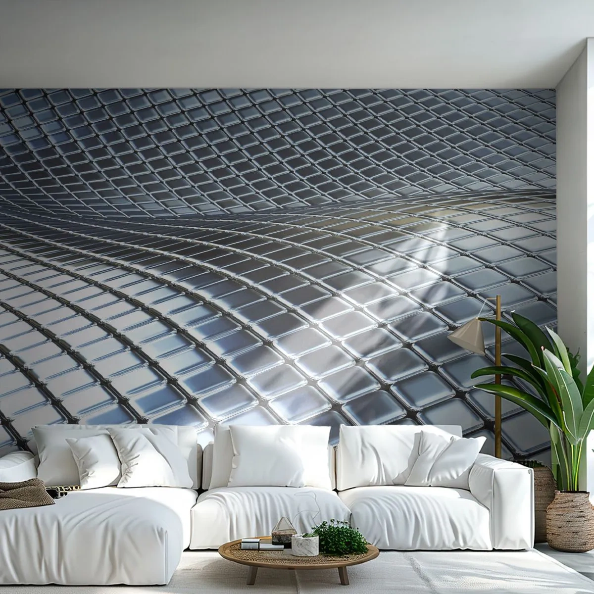 Papier Peint Photo Premium Canvas - Vague argent métallique - Abstraction, Graphique, Morceau - 250x175 cm