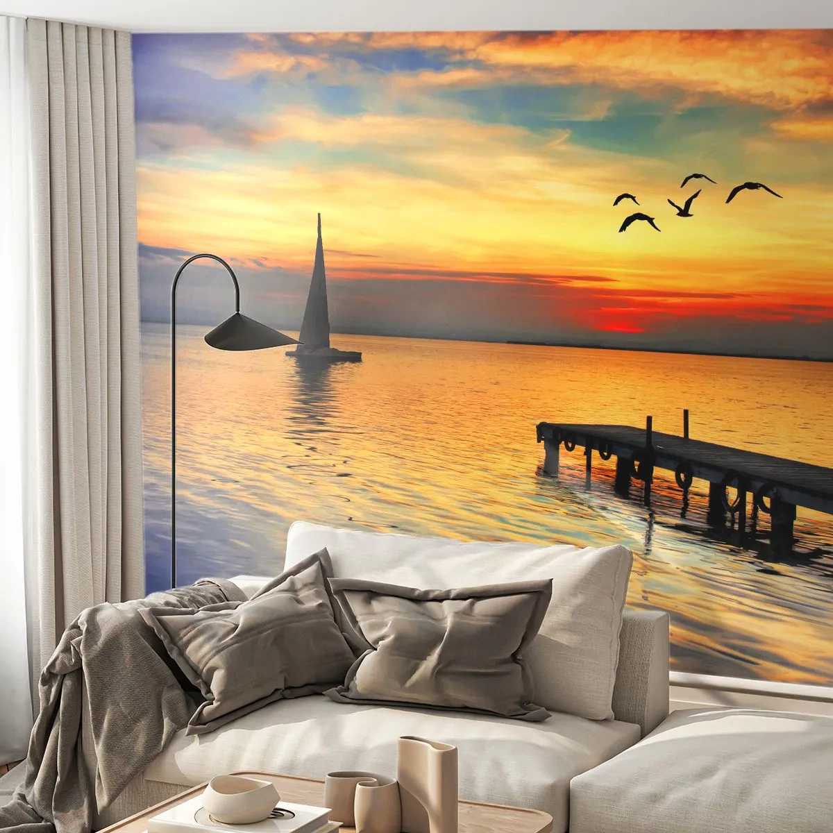 Papier Peint Photo Premium Canvas - Le soir revient - Paysage, Voilier, Coucher de soleil - 250x175 cm