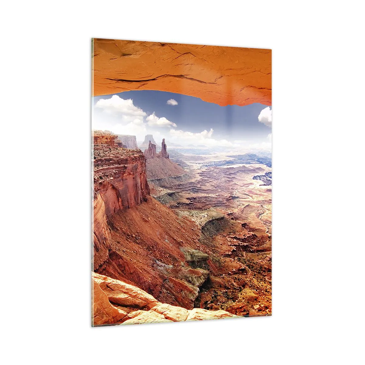 Impression sur verre - Image sur verre - Vue du canyon à travers une arche rocheuse avec les rayons du soleil - 50x70cm - Sculpté par la nature elle-même - Décoration murale moderne pour le salon et la chambre ARTTOR