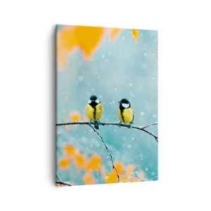Impression sur toile - Image sur toile - Deux oiseaux sur une branche dans un décor hivernal avec des feuilles jaunes. - 50x70cm - Potins d'oiseaux - Décoration murale moderne pour le salon et la chambre ARTTOR
