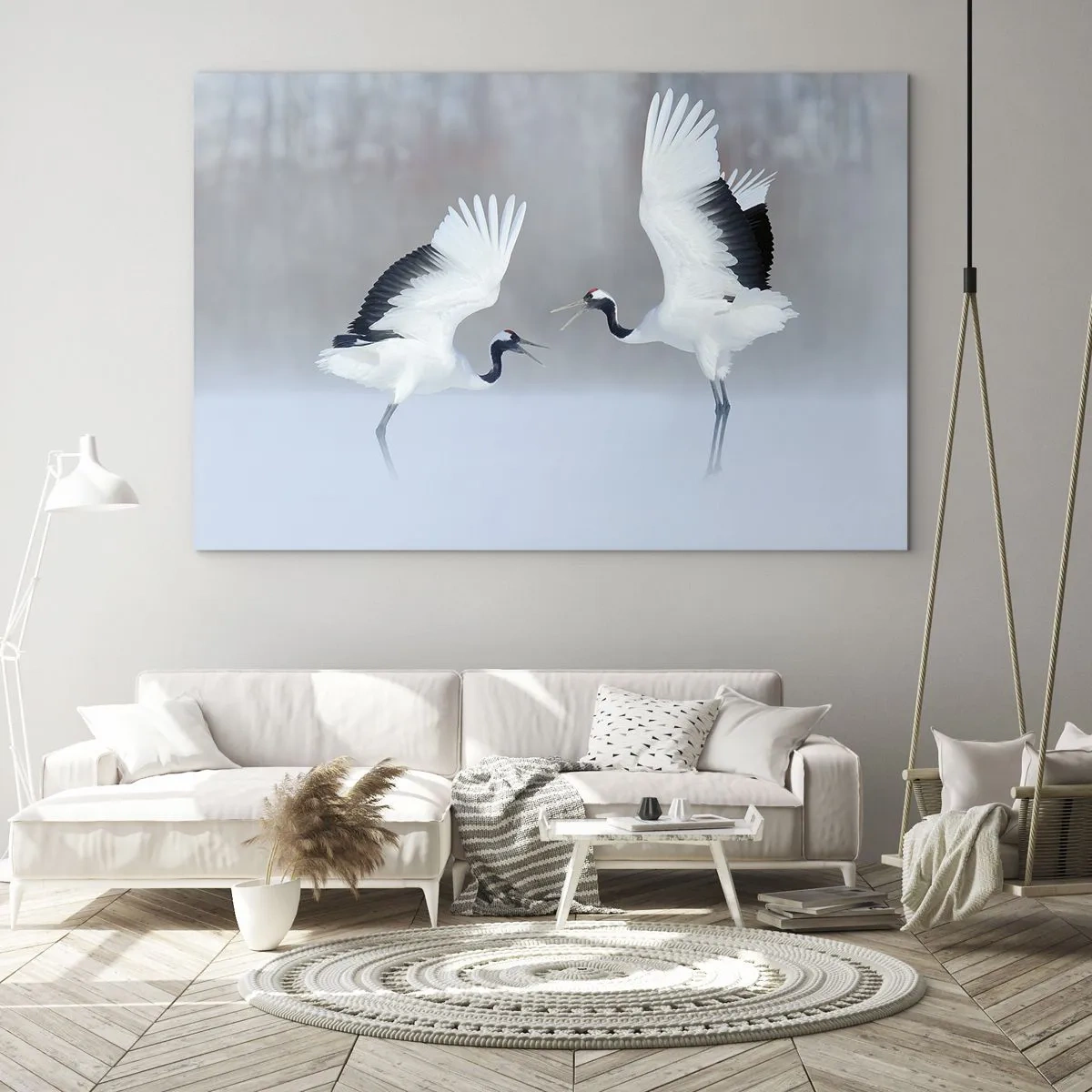 Impression sur verre - Image sur verre - Grues dansantes sur fond de paysage hivernal - 120x80cm - Danse dans le brouillard - Décoration murale moderne pour le salon et la chambre ARTTOR