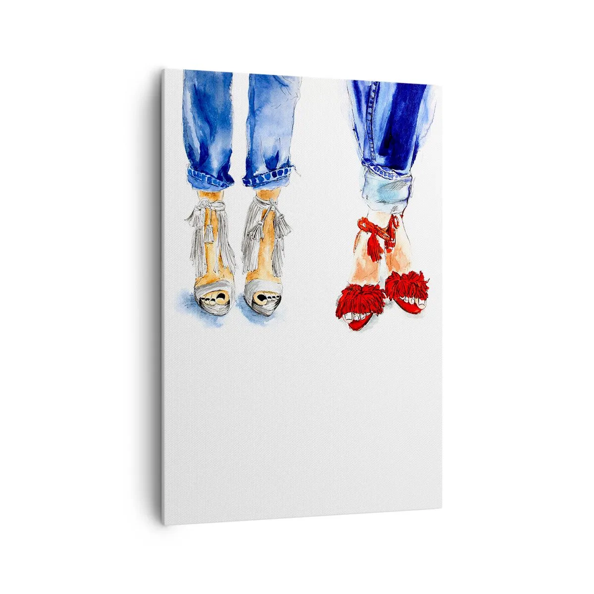 Impression sur toile - Image sur toile - Illustration de deux paires de chaussures dans des sandales élégantes et un jean - 70x100cm - Peut-être irons-nous nous promener? - Décoration murale moderne pour le salon et la chambre ARTTOR