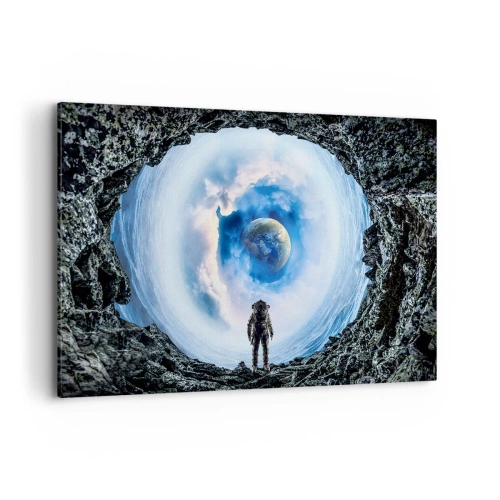 Impression sur toile - Image sur toile - Astronaute devant un paysage spatial avec la Terre en arrière-plan - 120x80cm - Plus très loin de la maison - Décoration murale moderne pour le salon et la chambre ARTTOR