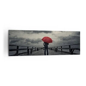 Impression sur toile - Image sur toile - Une personne avec un parapluie rouge sur une jetée pluvieuse - 160x50cm - Peu importe qu'il pleuve - Décoration murale moderne pour le salon et la chambre ARTTOR