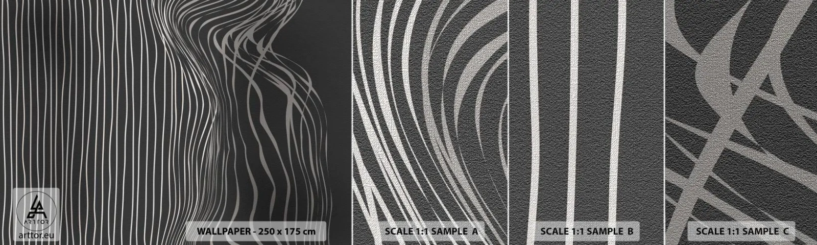 Échantillon de Papier Peint Premium Canvas - Rythme et accent - Abstraction, Morceau, Noir et blanc - 100x30 cm