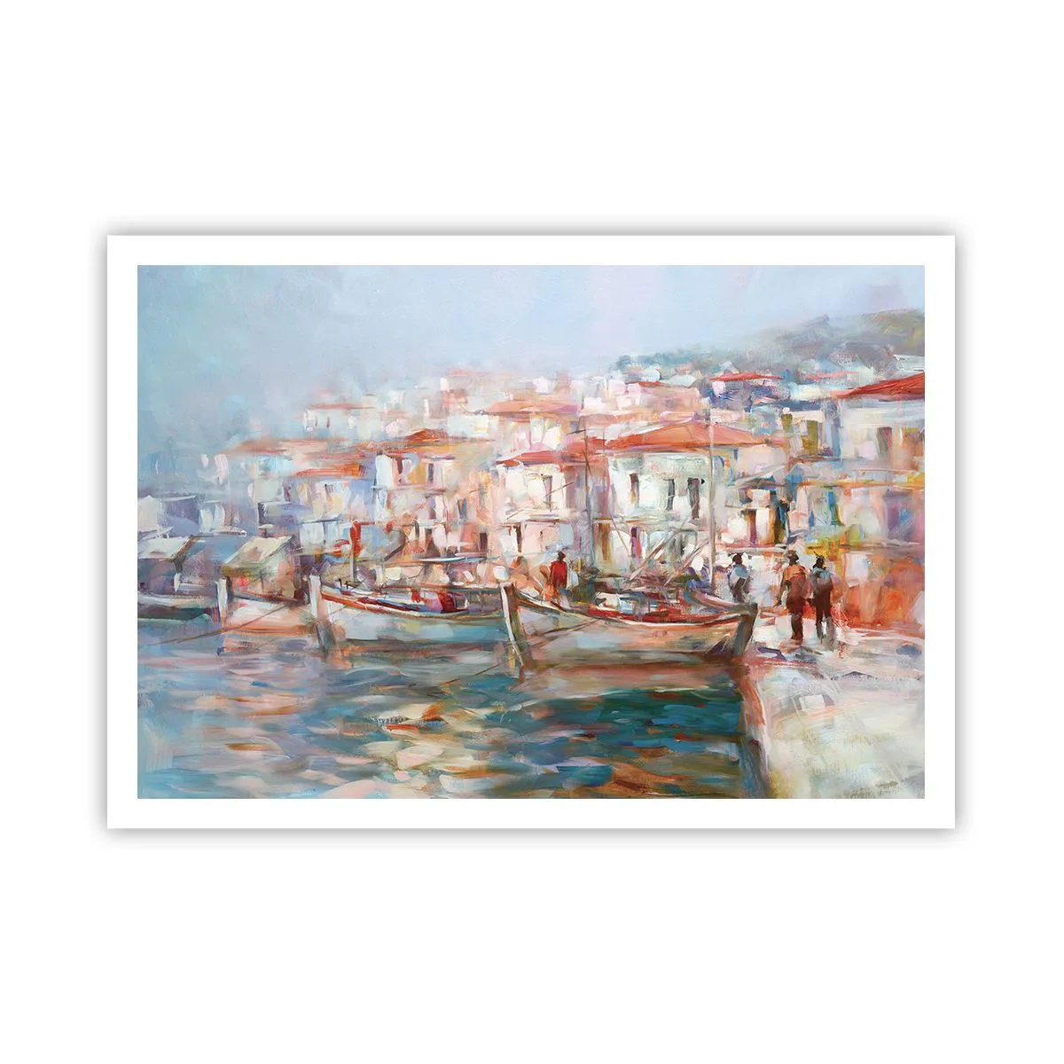 Affiche - Poster - Impression de port avec bateaux et bâtiments - 100x70cm - Vacances pastelles - Décoration murale moderne pour le salon et la chambre ARTTOR