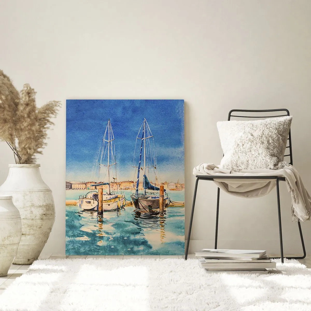 Impression sur verre - Image sur verre - Marina avec bateaux sur fond de lagon bleu - 70x100cm - Lagune ensoleillée - Décoration murale moderne pour le salon et la chambre ARTTOR
