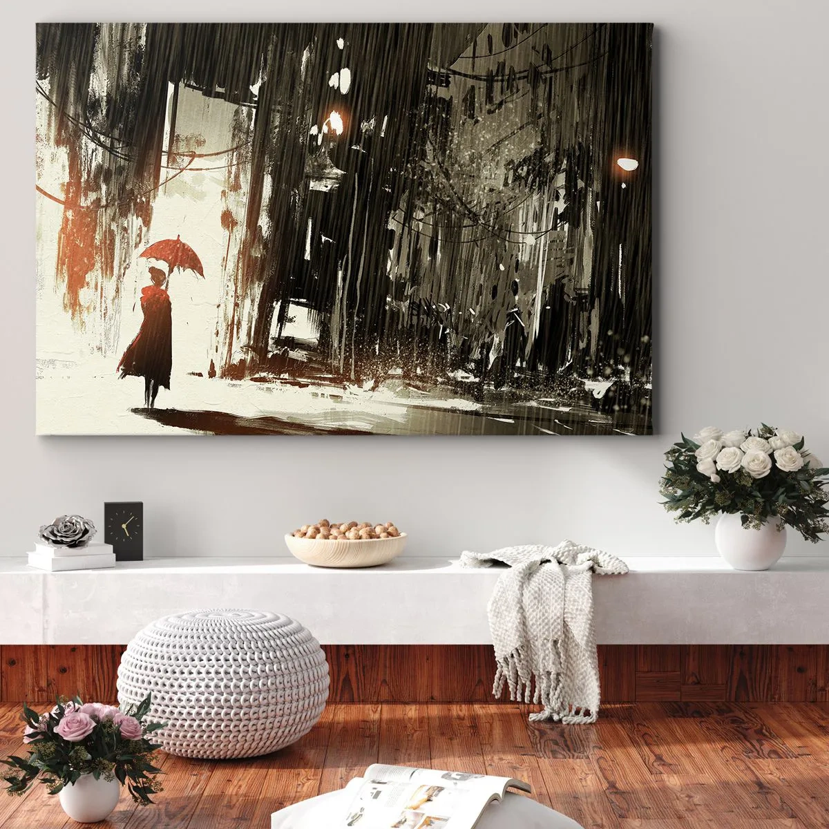Impression sur toile - Image sur toile - Une figure rouge avec un parapluie dans une scène pluvieuse - 70x50cm - La poésie du parapluie rouge - Décoration murale moderne pour le salon et la chambre ARTTOR