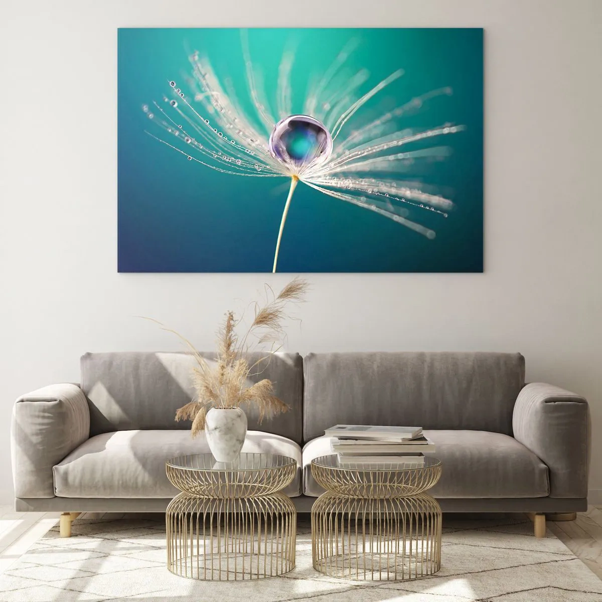 Impression sur verre - Image sur verre - Macrophotographie d'une graine de pissenlit avec une goutte de rosée sur un fond turquoise - 70x50cm - Moment mystique - Décoration murale moderne pour le salon et la chambre ARTTOR