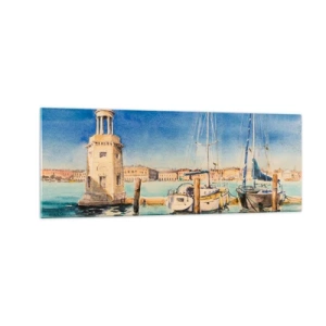 Impression sur verre - Image sur verre - Marina avec bateaux sur fond de lagon bleu - 140x50cm - Lagune ensoleillée - Décoration murale moderne pour le salon et la chambre ARTTOR