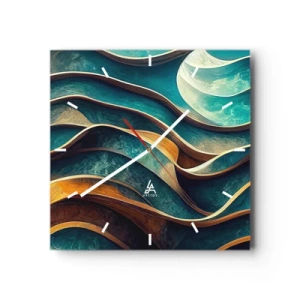 Horloge murale - Pendule murale - Vagues abstraites dans des tons turquoise et or - 30x30cm - Méandres de bleu - Décoration murale moderne pour le salon et la chambre ARTTOR