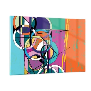 Impression sur verre - Image sur verre - Abstraction colorée avec des formes géométriques et des cercles - 120x80cm - Roues sur roues - Décoration murale moderne pour le salon et la chambre ARTTOR
