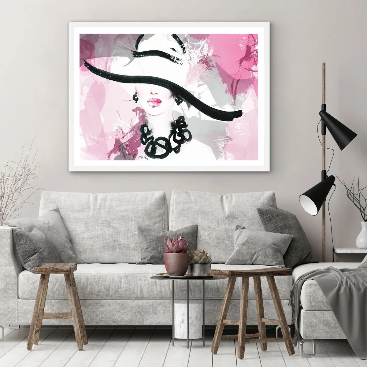 Affiche dans un cadre blanc - Poster - Portrait d'une dame en noir et rose - 70x50 cm