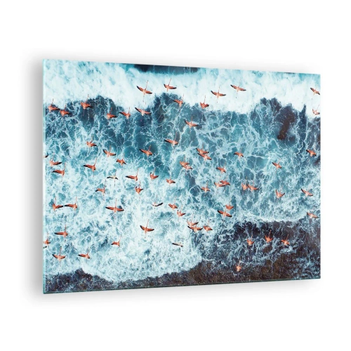 Impression sur verre - Image sur verre - Flamants roses au-dessus des vagues agitées de l'océan - 70x50cm - Défilé du bord de mer - Décoration murale moderne pour le salon et la chambre ARTTOR
