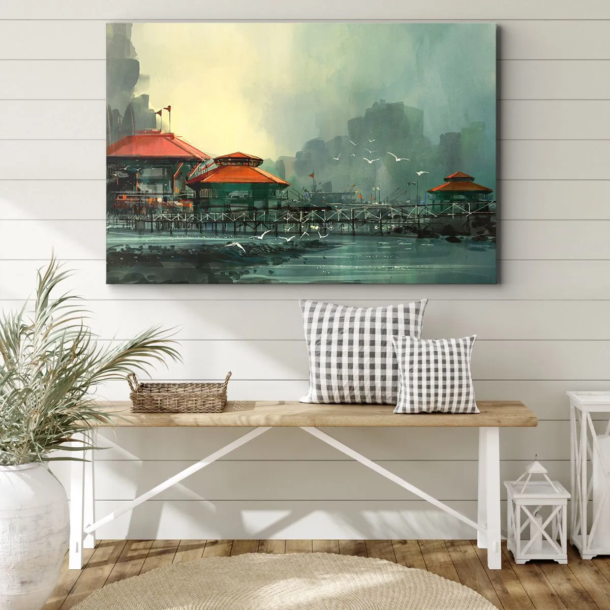Impression sur toile - Image sur toile - Bâtiments portuaires dans un paysage pluvieux avec des mouettes - 70x50cm - Une journée ensoleillée au port - Décoration murale moderne pour le salon et la chambre ARTTOR