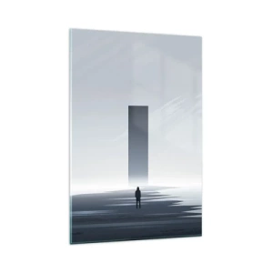 Impression sur verre - Image sur verre - Un paysage minimaliste avec une silhouette à côté d'un monolithe rectangulaire - 80x120cm - Opportunité ou menace ? - Décoration murale moderne pour le salon et la chambre ARTTOR