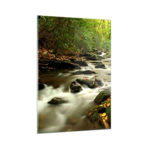 Impression sur verre - Image sur verre - Un ruisseau dans la forêt entouré de pierres et de feuilles - 50x70cm - Comme de l'argent liquide - Décoration murale moderne pour le salon et la chambre ARTTOR