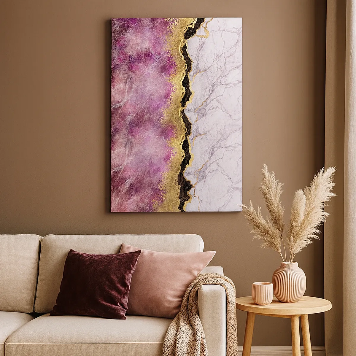 Impression sur toile - Image sur toile - Marbre abstrait dans des tons de rose avec des accents dorés - 50x70cm - À la frontière - Décoration murale moderne pour le salon et la chambre ARTTOR