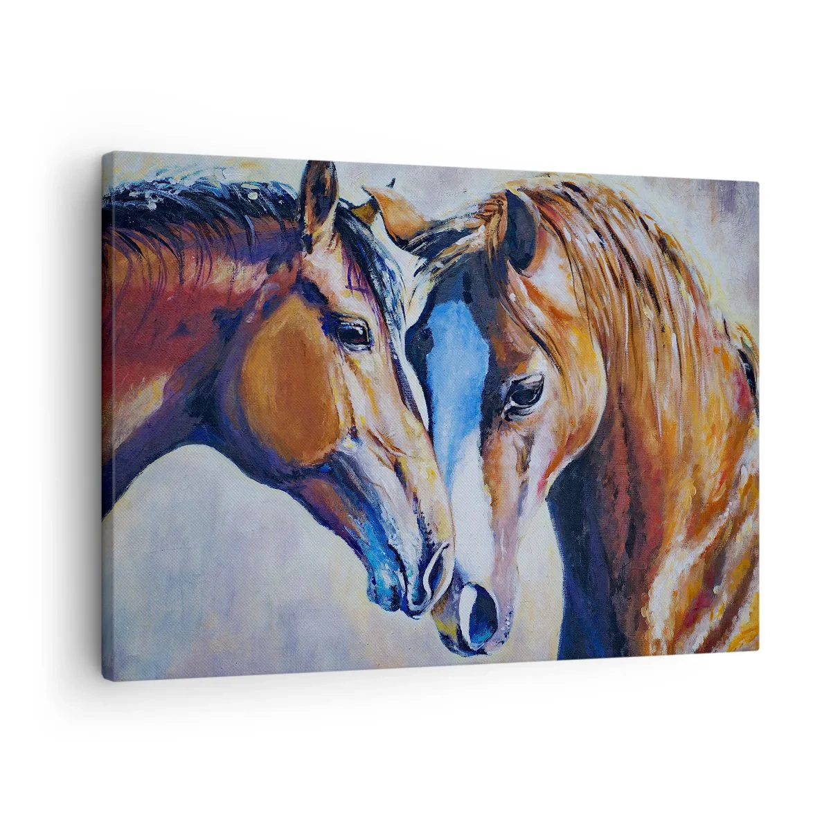 Impression sur toile - Image sur toile - Une représentation picturale de deux chevaux dans un cadre convivial. - 70x50cm - Est-ce de l'amitié ? Ou de l'amour ? - Décoration murale moderne pour le salon et la chambre ARTTOR