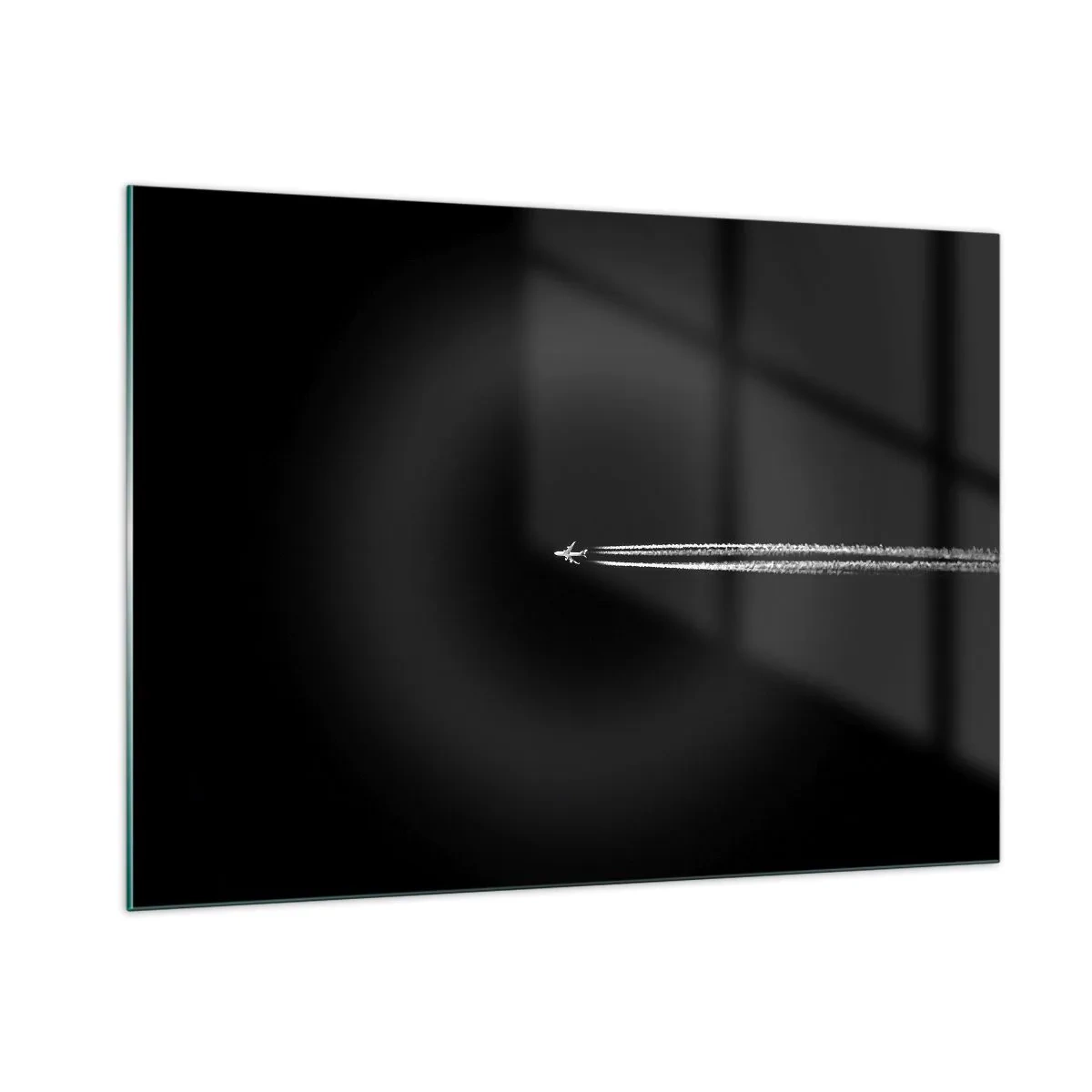 Impression sur verre - Image sur verre - Un avion à réaction sur fond noir avec une traînée de condensation - 100x70cm - Dans une autre dimension - Décoration murale moderne pour le salon et la chambre ARTTOR