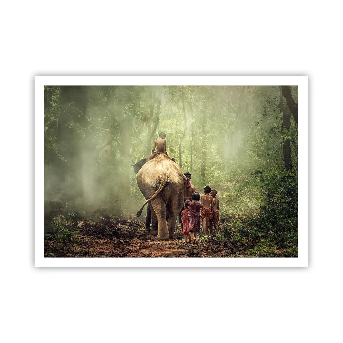 Affiche - Poster - Enfants avec un éléphant dans une forêt verte à la lumière du matin - 100x70cm - Nouveau livre de la jungle - Décoration murale moderne pour le salon et la chambre ARTTOR