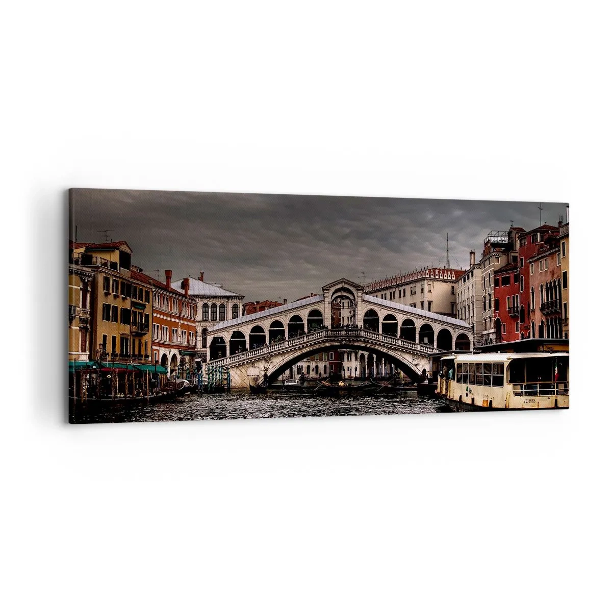 Impression sur toile - Image sur toile - Pont du Rialto à Venise sur le Grand Canal, architecture classique. - 120x50cm - Promesse d'une soirée vénitienne - Décoration murale moderne pour le salon et la chambre ARTTOR