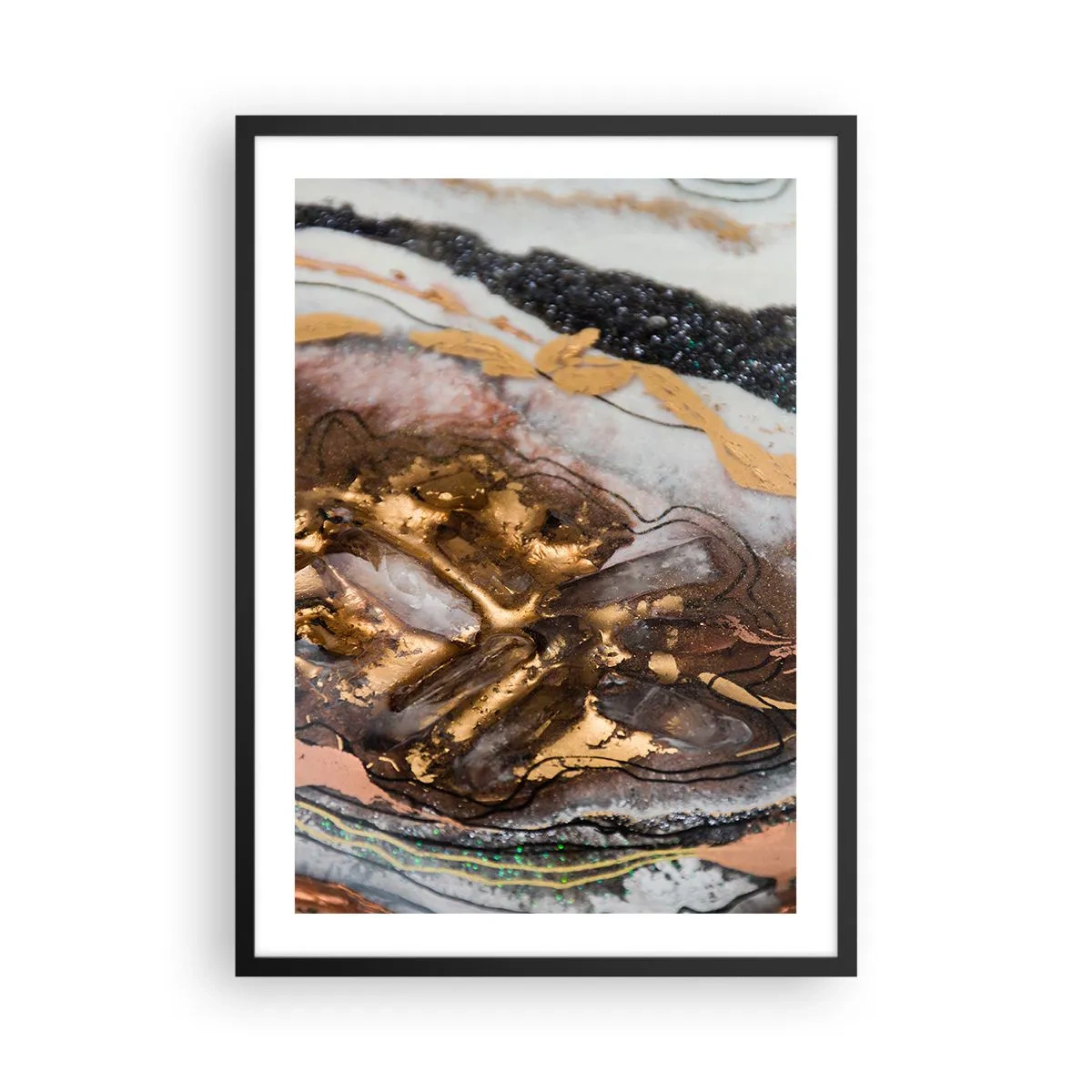 Affiche dans un cadre noir - Poster - Un motif abstrait dans des tons d'or, de noir et de blanc, inspiré de la nature. - 50x70cm - Élément de la terre - Décoration murale moderne pour le salon et la chambre ARTTOR