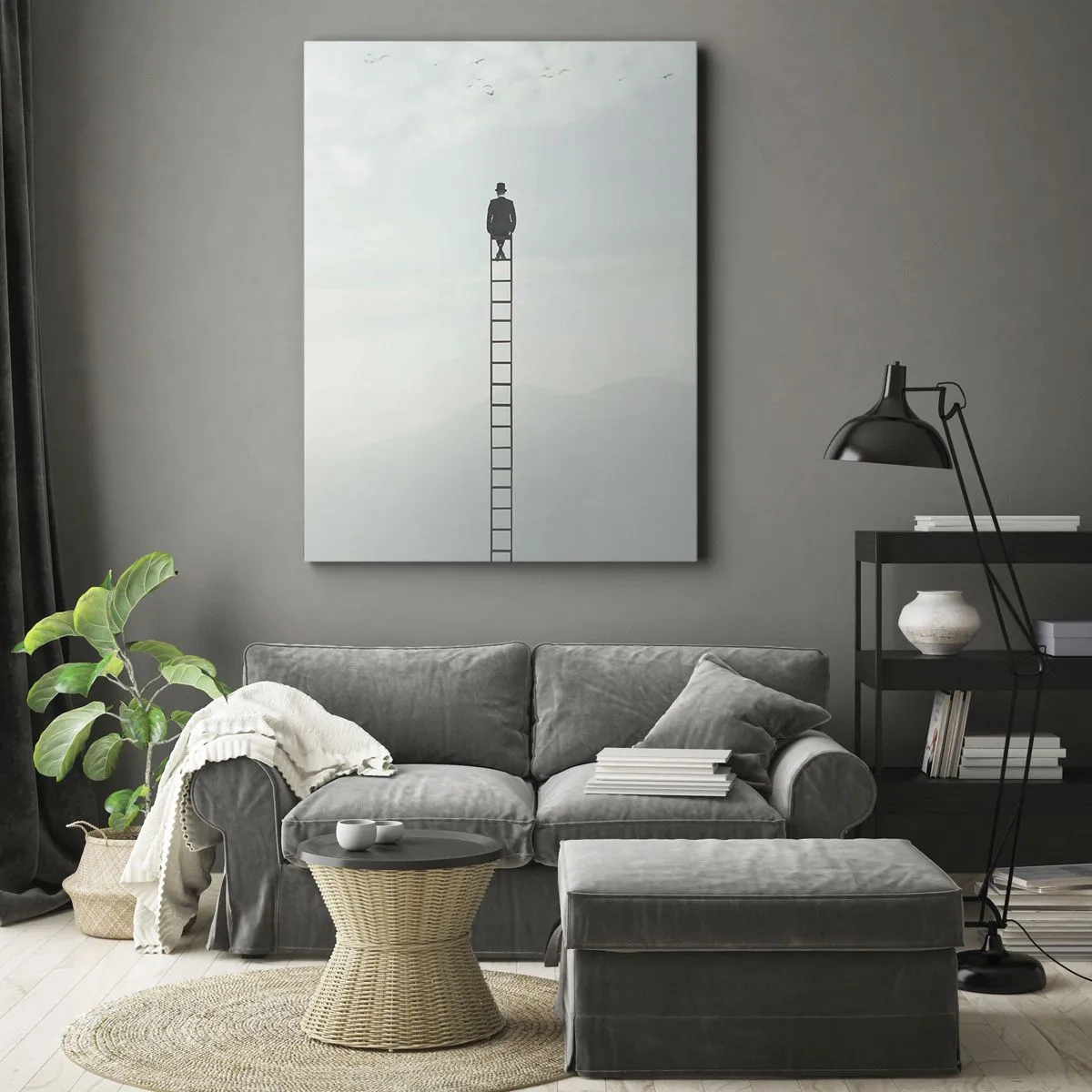 Impression sur toile - Image sur toile - Un homme sur une échelle s'élevant vers le ciel - 70x100cm - Se soulever au-dessus - Décoration murale moderne pour le salon et la chambre ARTTOR