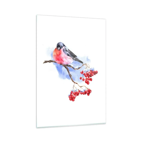 Impression sur verre - Image sur verre - Oiseau sur une branche avec des fruits rouges sur fond aquarelle - 80x120cm - L'hiver en couleurs - Décoration murale moderne pour le salon et la chambre ARTTOR