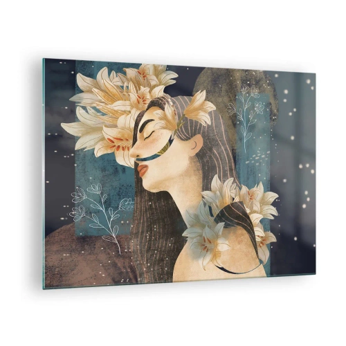 Impression sur verre - Image sur verre - Une figure féminine avec des lys dans un style de conte de fées - 70x50cm - Conte de fée sur la princesse lilas - Décoration murale moderne pour le salon et la chambre ARTTOR