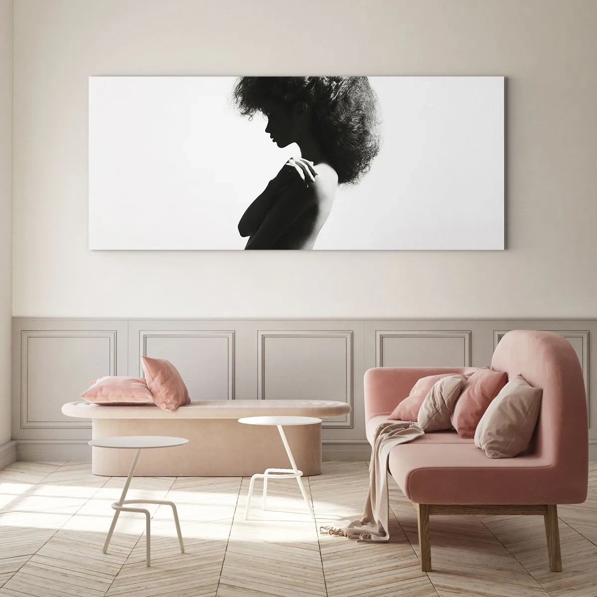 Impression sur verre - Image sur verre - Une silhouette subtile d'une femme dans des tons noirs et blancs sur un fond clair - 120x50cm - Comme une fleur au bout d'une fine tige - Décoration murale moderne pour le salon et la chambre ARTTOR