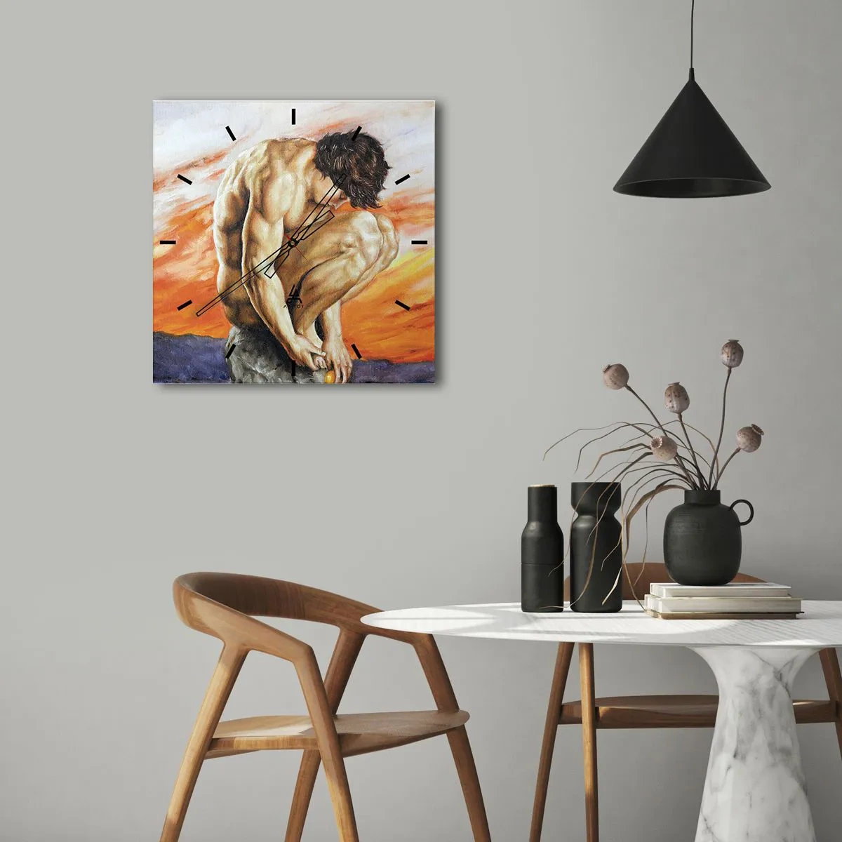 Horloge murale - Pendule murale - Un homme perdu dans ses pensées sur fond de coucher de soleil - 30x30cm - Plongé dans ses pensées - Décoration murale moderne pour le salon et la chambre ARTTOR