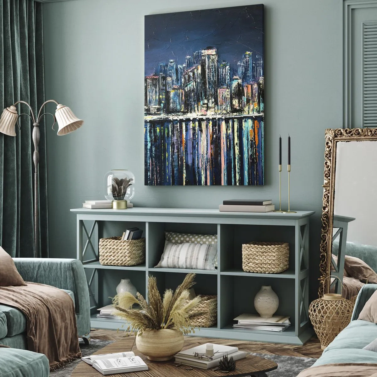 Impression sur toile - Image sur toile - Panorama de la ville nocturne reflétée dans l'eau - 80x120cm - Cascade de lumières - Décoration murale moderne pour le salon et la chambre ARTTOR