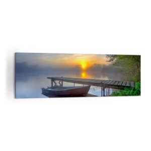 Impression sur toile - Image sur toile - Une jetée au bord du lac au lever du soleil avec un bateau sur le rivage - 160x50cm - Comment l'ordinaire se transforme en magie - Décoration murale moderne pour le salon et la chambre ARTTOR