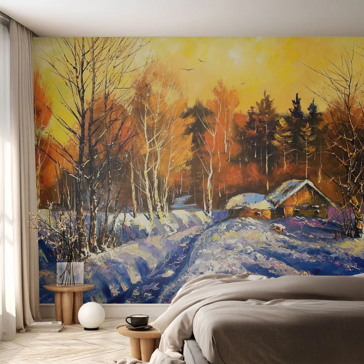 Papier Peint Photo Premium Sand - Impression d'hiver au soleil - Paysage, Hiver, Chalet de montagne - 100x70 cm