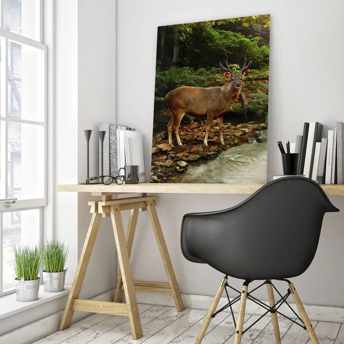 Impression sur verre - Image sur verre - Un cerf près d'un ruisseau dans une forêt ensoleillée - 50x70cm - Bienvenue dans mon monde - Décoration murale moderne pour le salon et la chambre ARTTOR