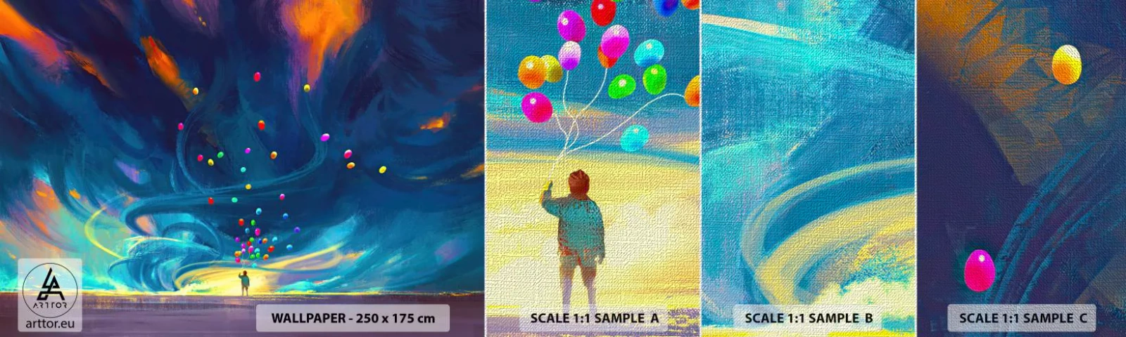 Échantillon de Papier Peint Premium Canvas - Au vent bleu ciel - Pour les enfants, Ballons colorés, Abstraction - 100x30 cm