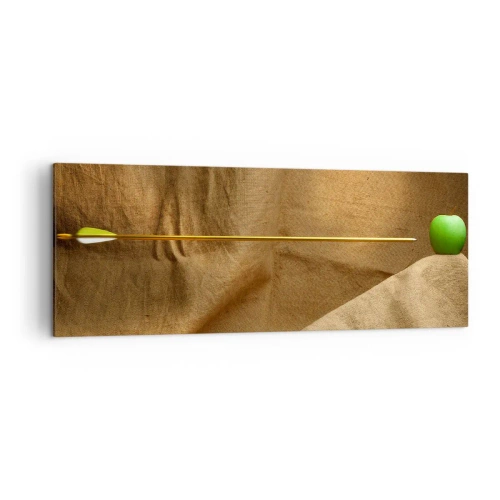 Impression sur toile - Image sur toile - Pomme verte sur tissu avec une flèche créant une composition - 140x50cm - Invoquer l'esprit de Guillaume Tell - Décoration murale moderne pour le salon et la chambre ARTTOR