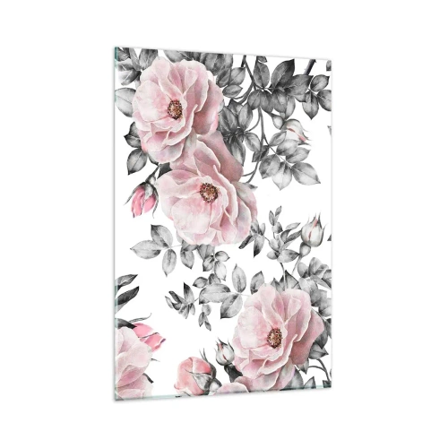 Impression sur verre - Image sur verre - Roses roses et feuilles sur un délicat fond noir et blanc - 80x120cm - Se perdre dans les fleurs des roses - Décoration murale moderne pour le salon et la chambre ARTTOR