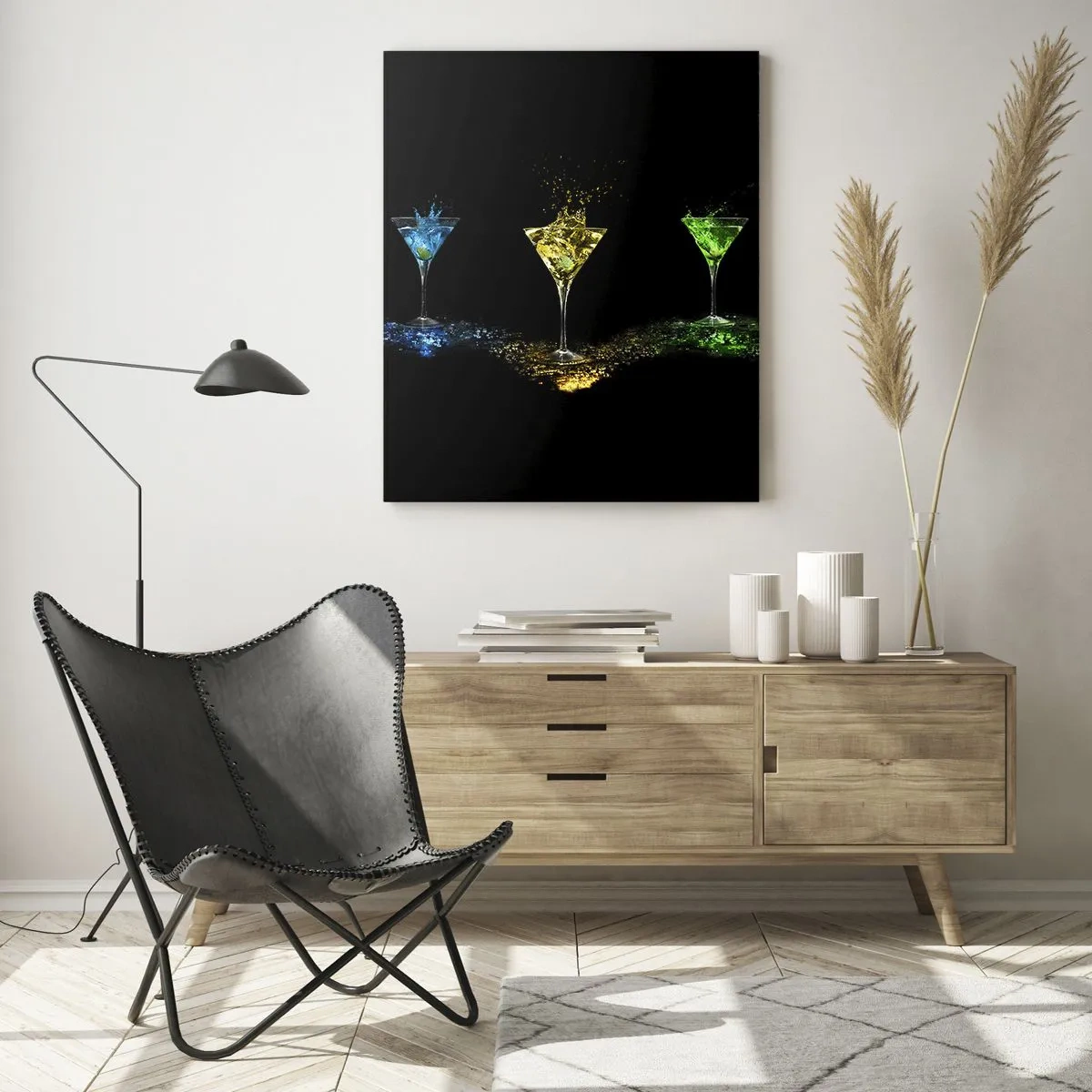 Impression sur verre - Image sur verre - Cocktails colorés dans des verres sur fond noir - 80x120cm - Couleurs de joie en verre de cristal - Décoration murale moderne pour le salon et la chambre ARTTOR