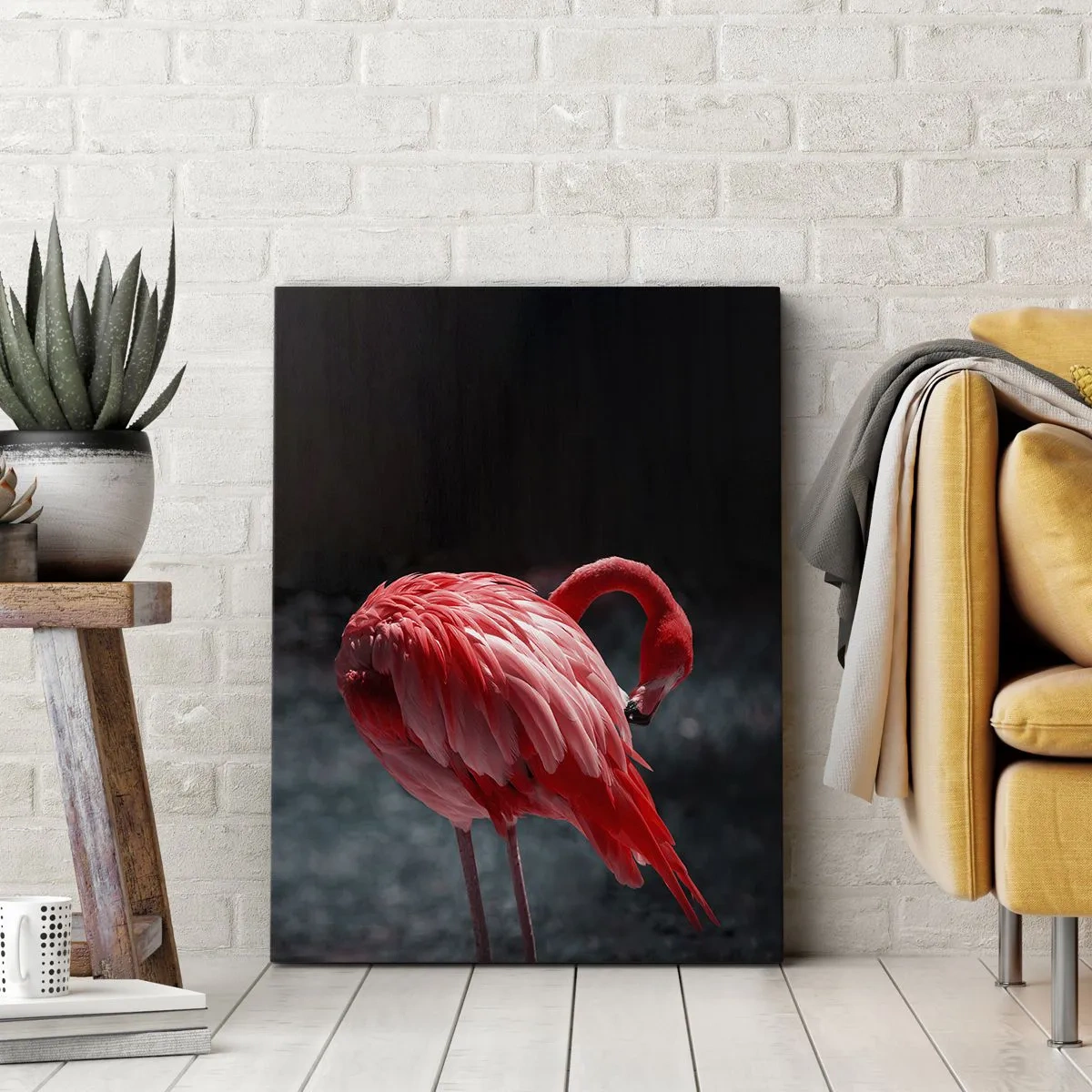 Impression sur toile - Image sur toile - Un flamant rose sur fond vert foncé - 80x120cm - Poème cramoisi de la nature - Décoration murale moderne pour le salon et la chambre ARTTOR