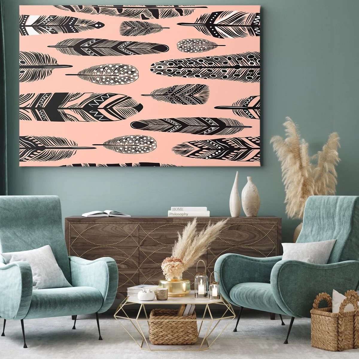 Impression sur toile - Image sur toile - Plumes décoratives sur fond clair - 70x50cm - Collection indienne - Décoration murale moderne pour le salon et la chambre ARTTOR