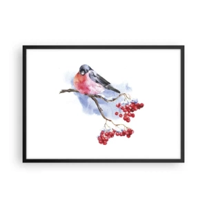 Affiche dans un cadre noir - Poster - Oiseau sur une branche avec des fruits rouges sur fond aquarelle - 70x50cm - L'hiver en couleurs - Décoration murale moderne pour le salon et la chambre ARTTOR
