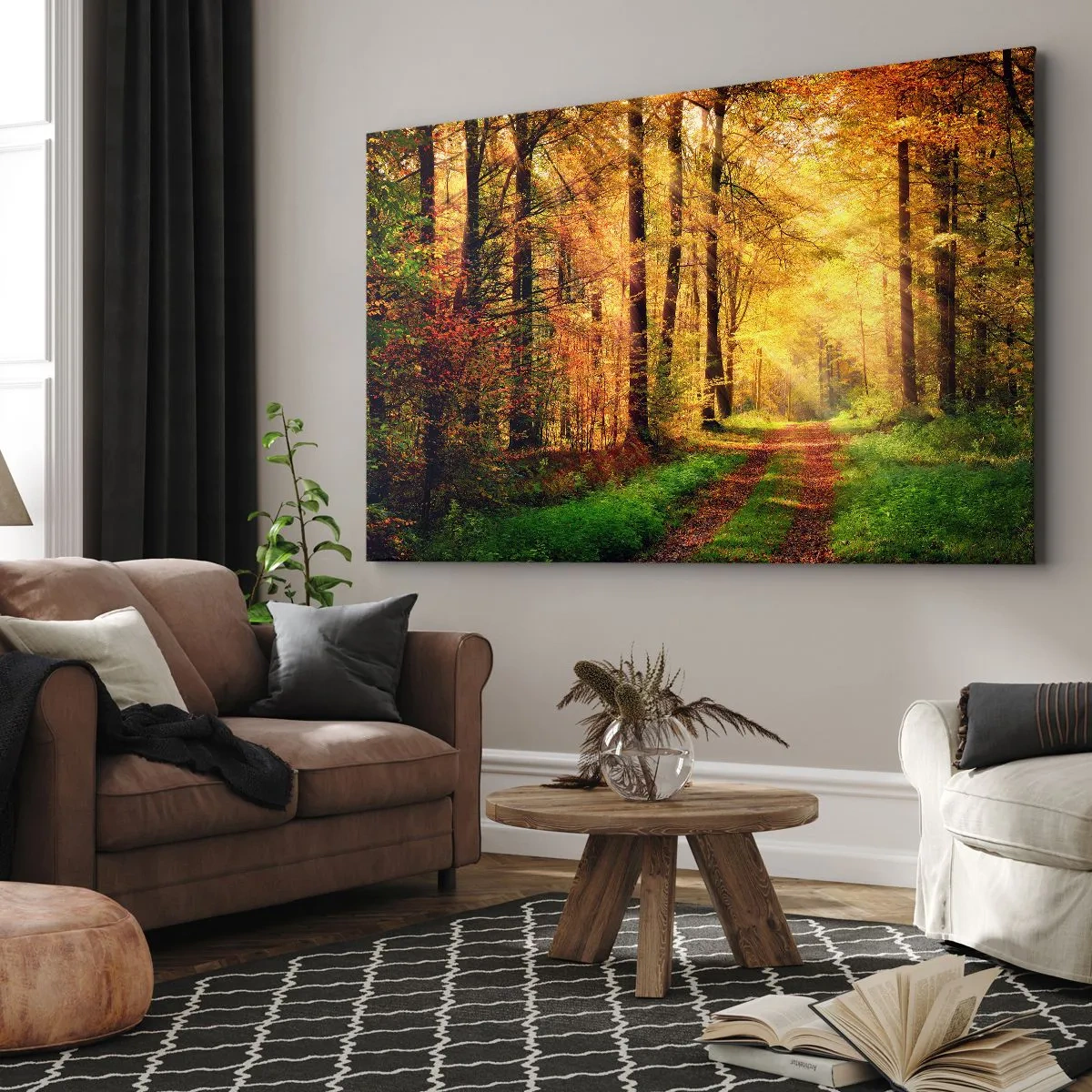 Impression sur toile - Image sur toile - Un chemin forestier entouré d'arbres dorés et verts - 70x50cm - Silence d'or en forêt - Décoration murale moderne pour le salon et la chambre ARTTOR